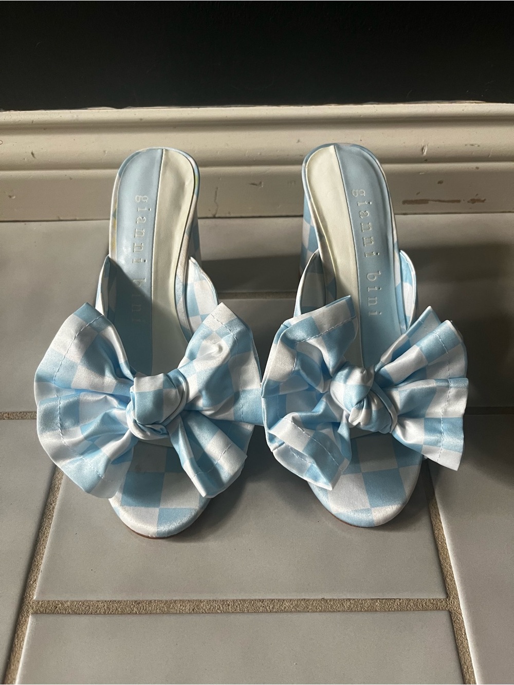 Gianni Bini Light Blue & White Gingham Bow Slide Mules
